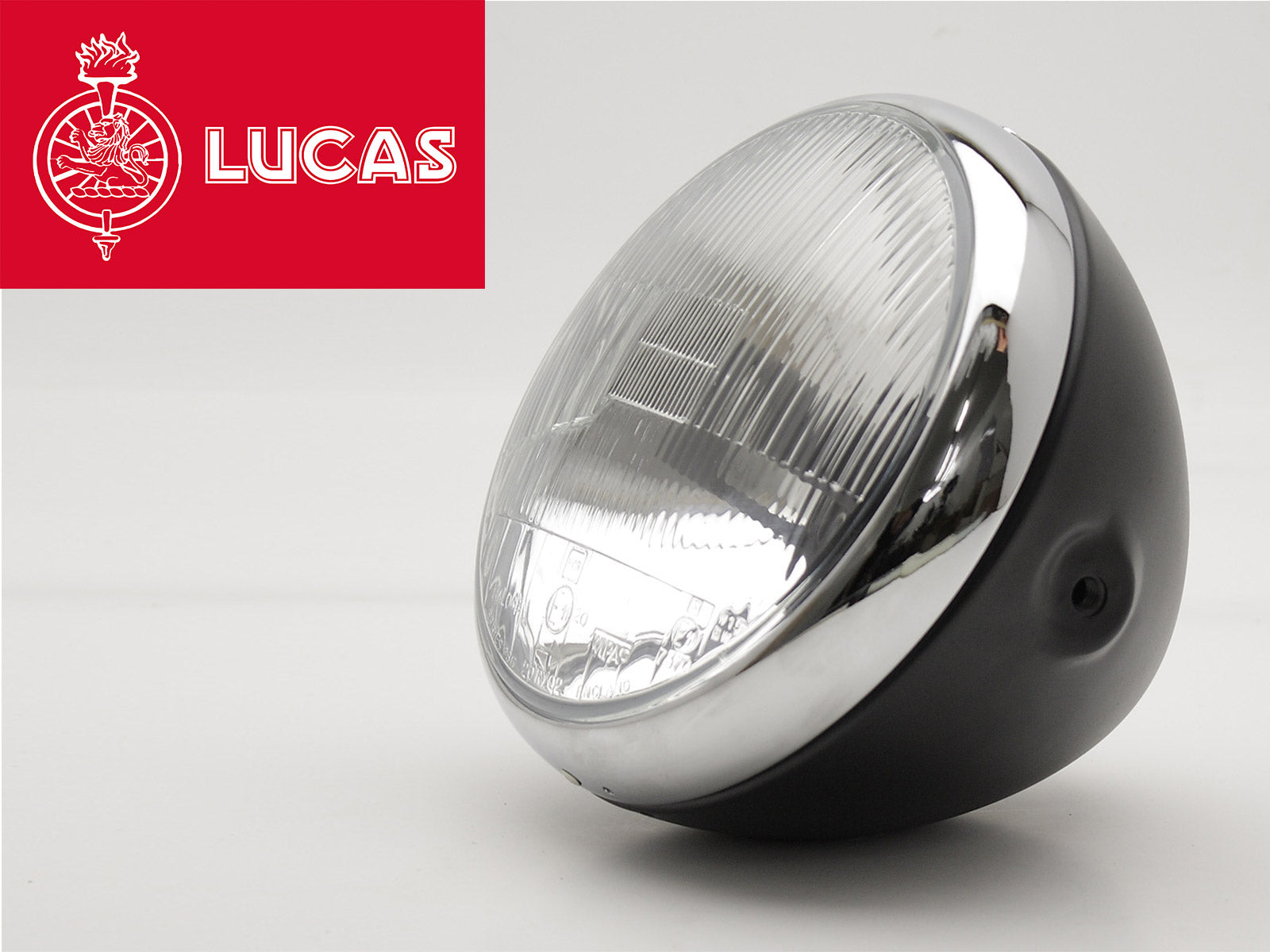 Headlight, 7" Black & Chrome, Genuine Lucas